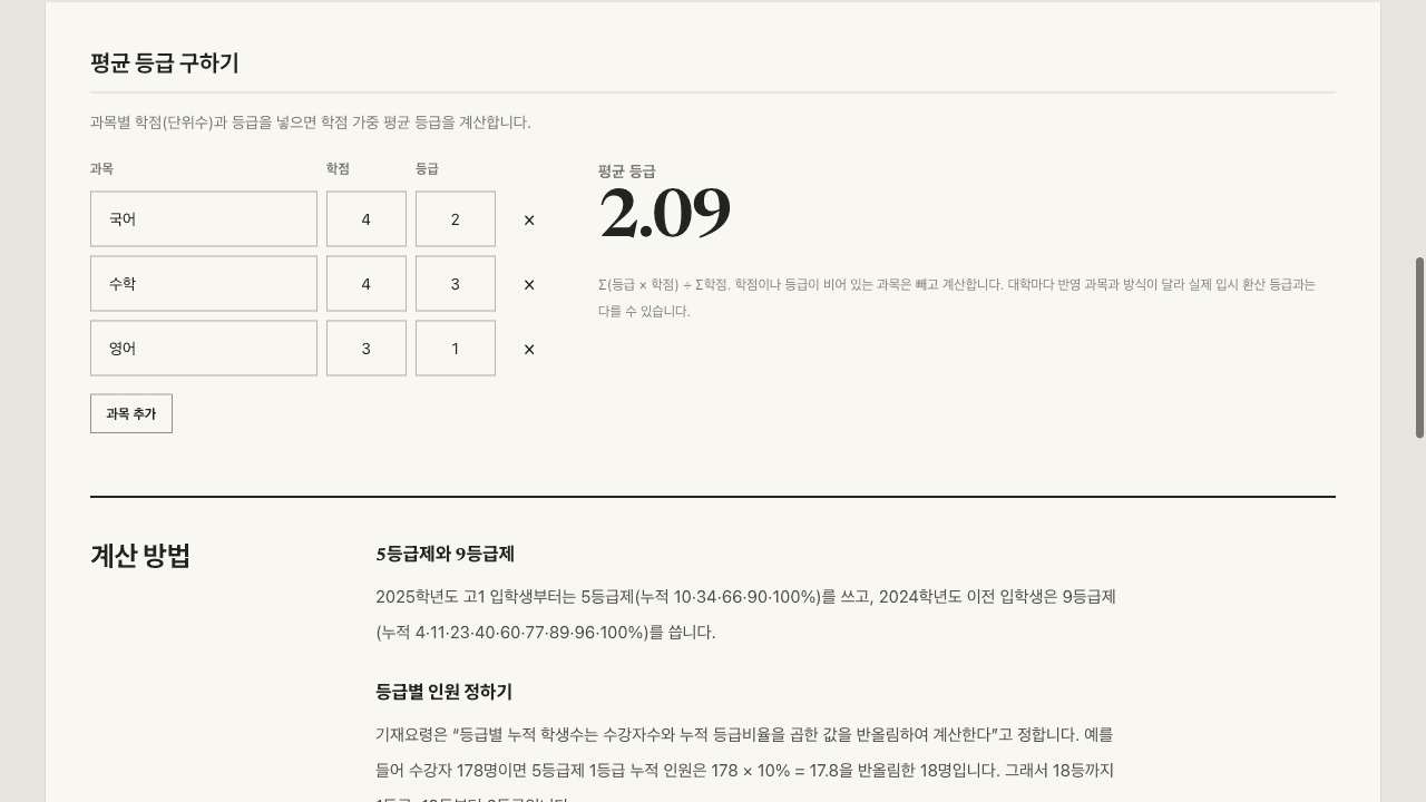 평균 등급 구하기 화면 — 과목·학점·등급 행을 입력하면 학점 가중 평균 2.09가 표시된다